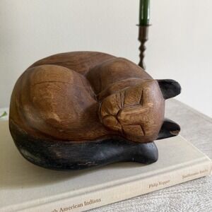 Carved Wooden Cat Shelf Sitter Vintage Folk Art Rustic Boho Eclectic Handmade